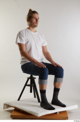 Whole Body Man White Casual Shirt Jeans Slim Sitting Studio photo references